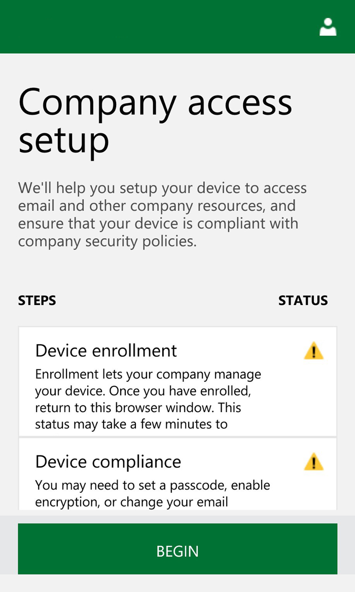Microsoft Intune Device Enrollment Company Access Setup Screen