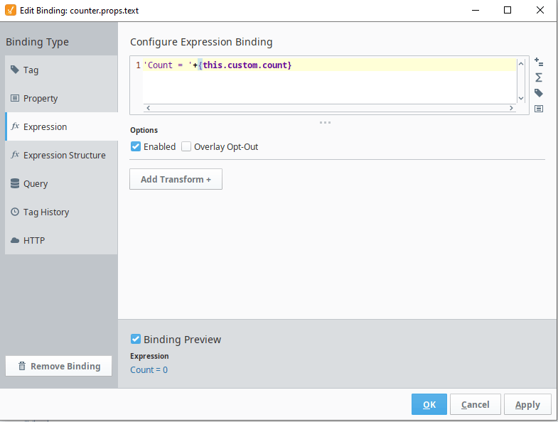 Bind the text property to the counter tag