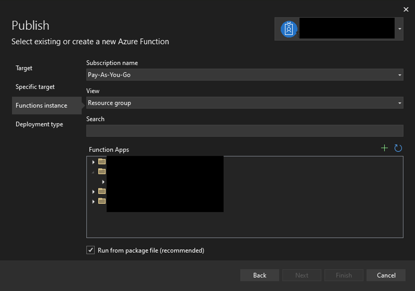 Select the Azure Function App for which you are creating this Publisher