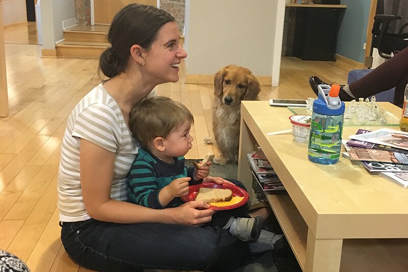 DMC engineer Kristie and DMC baby Evan at Apple cider and pumpkin pie at DMC's autumn happy hour