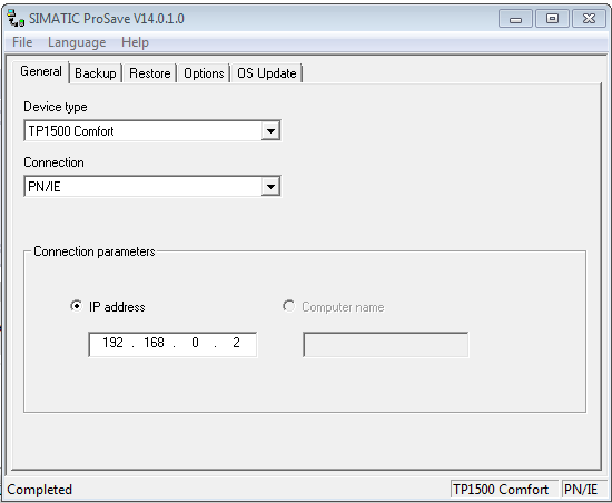 Screen to configure IP address of panel in SIMATIC ProSave
