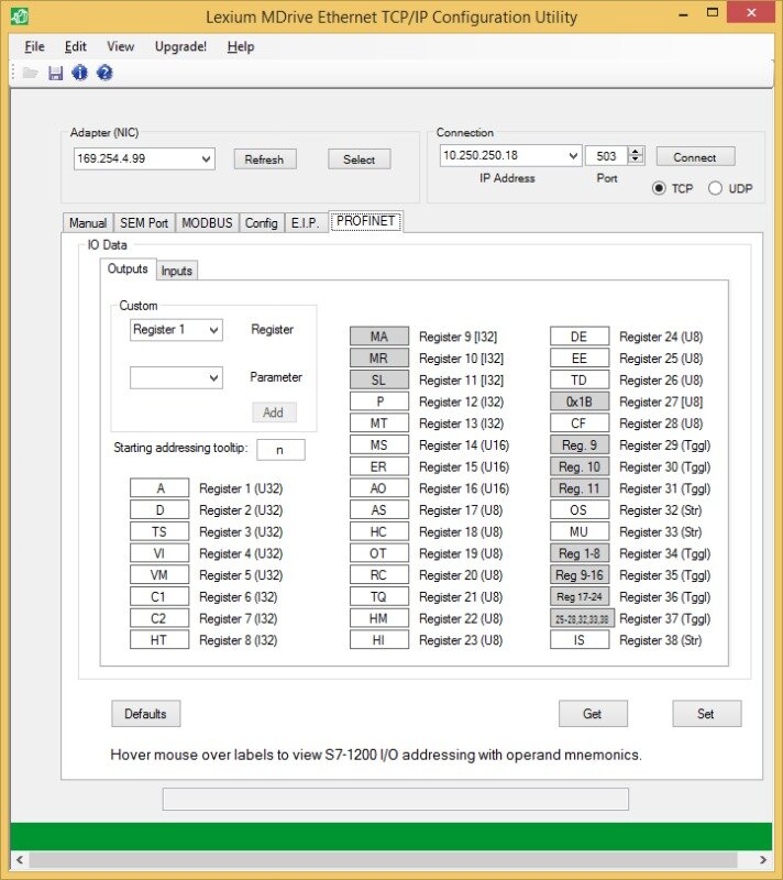 Siemens Profinet screen shows input and outpout registers