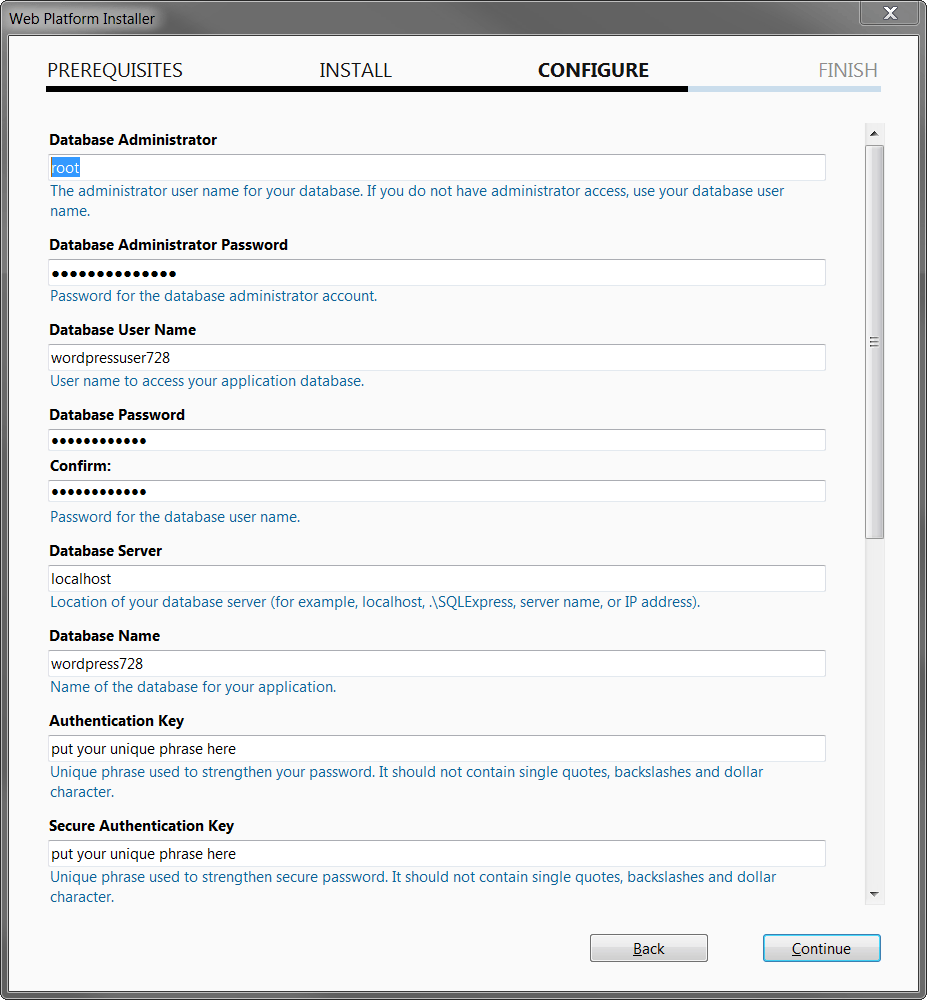 Screenshot of WordPress database and key configurations