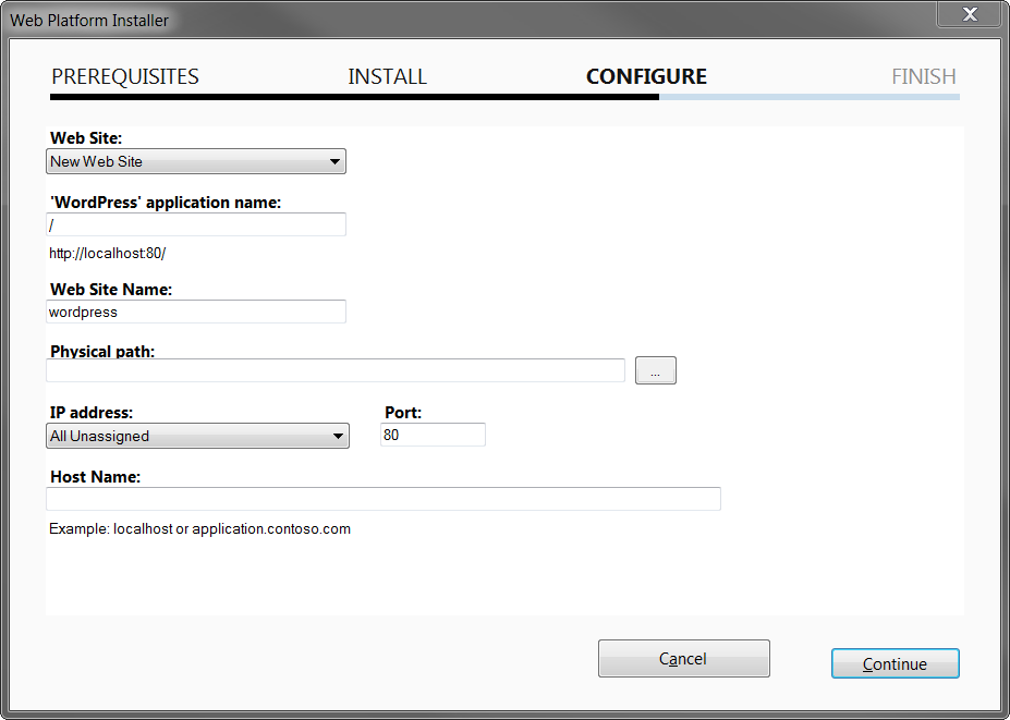 Screenshot of configuration of WordPress install