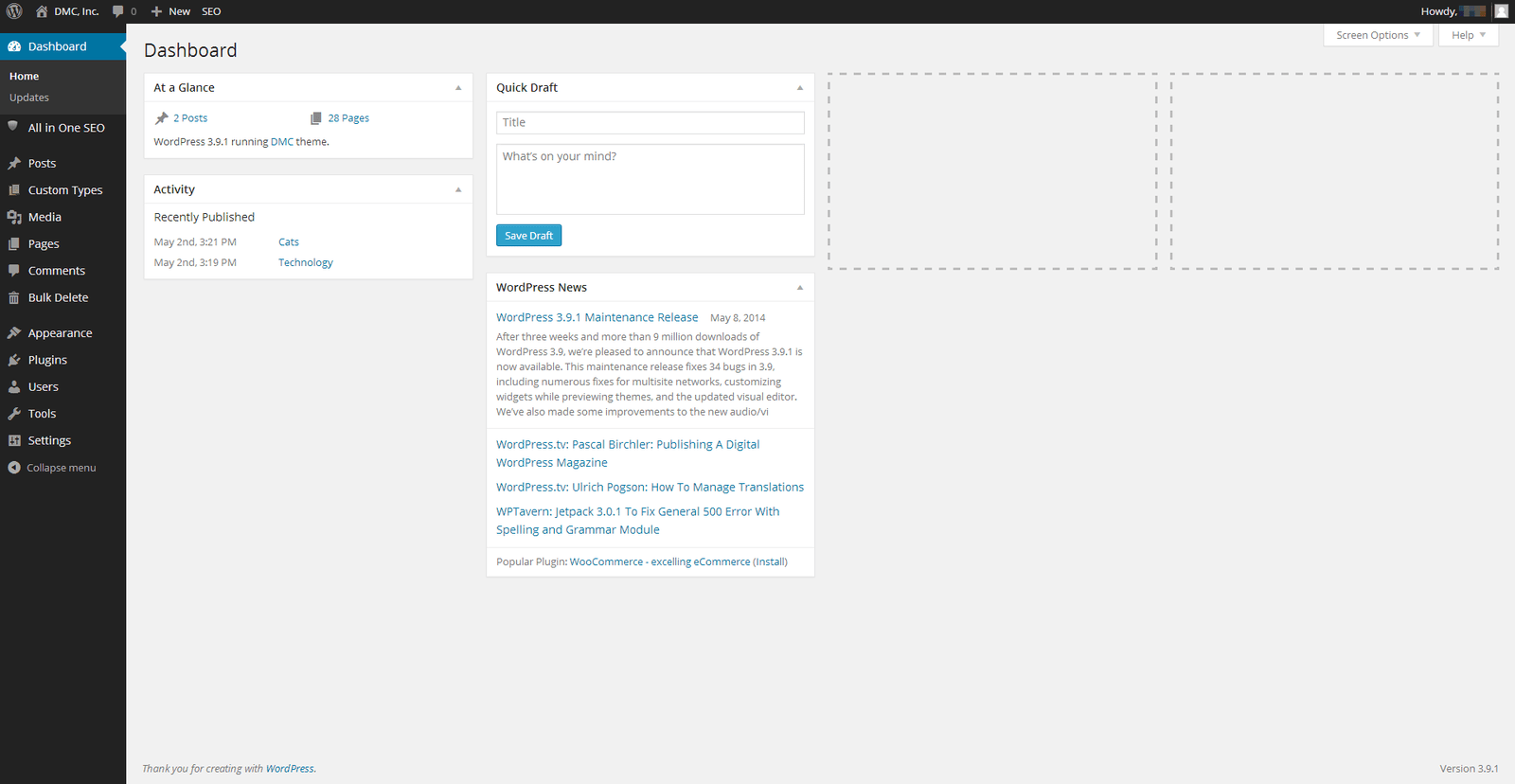 Screenshot of WordPress running on IIS