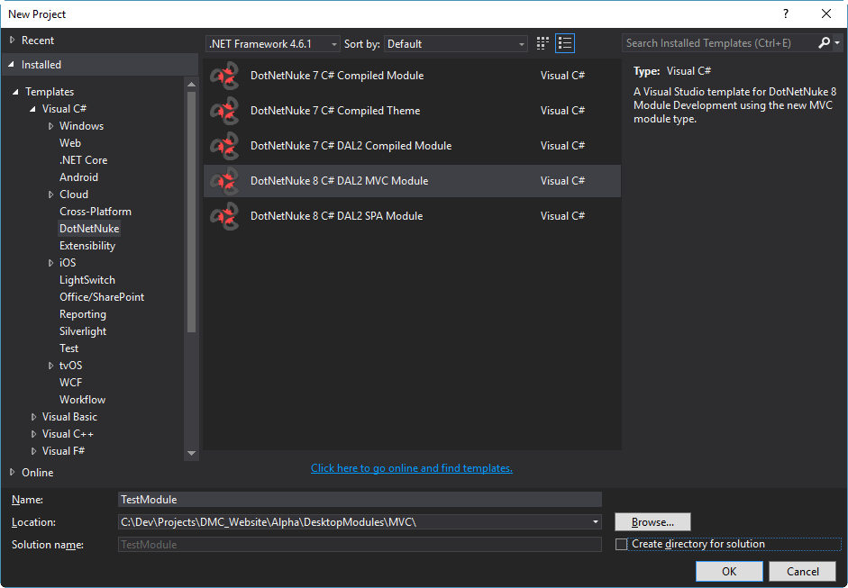 Configuration of the DotNetNuke 8 C# DAL2 MVC Module Visual Studio Project