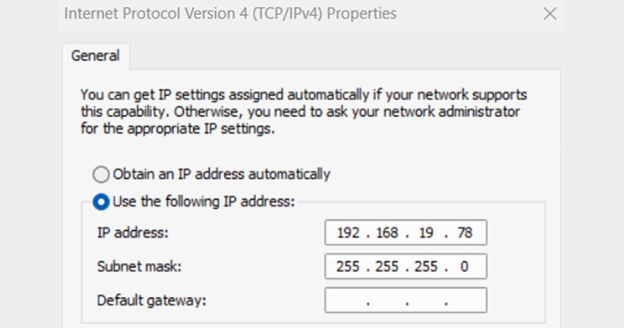 Internet Properties Screen showing Subnet and Static IP Address