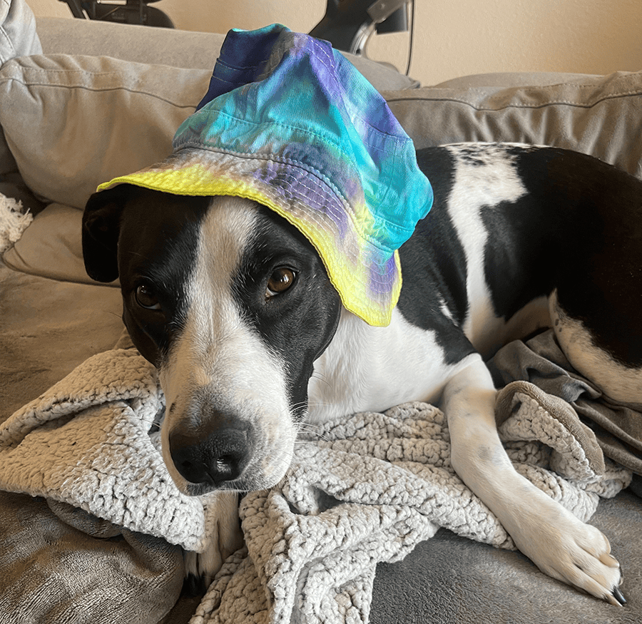 Nola in tie-dyed hat