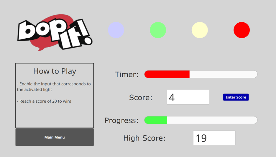 Main Ignition screen for Bop It game