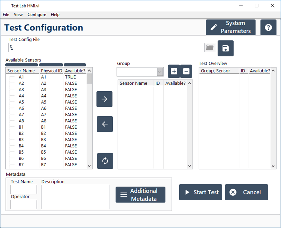 The Test Configuration screen