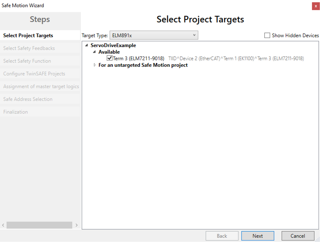 select project targets in safe motion wizard