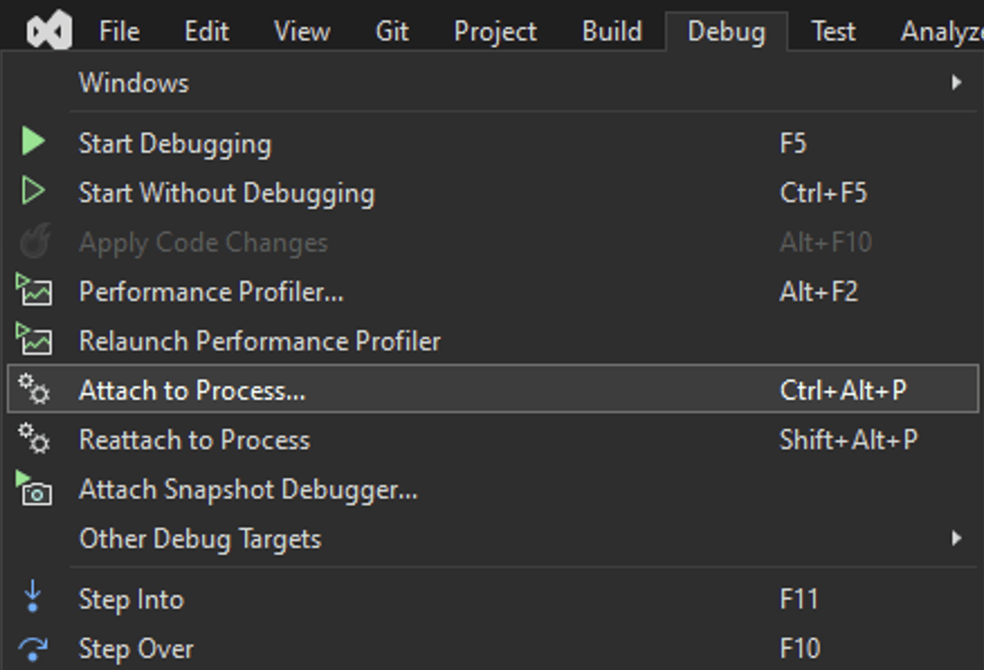 Select “Attach to Process” in the drop-down menu or use a Ctrl+Alt+P shortcut