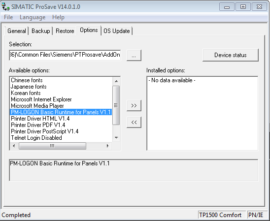 SIMATIC ProSave options screen - select PM-LOGIN Basic Runtime for Panels V1.1