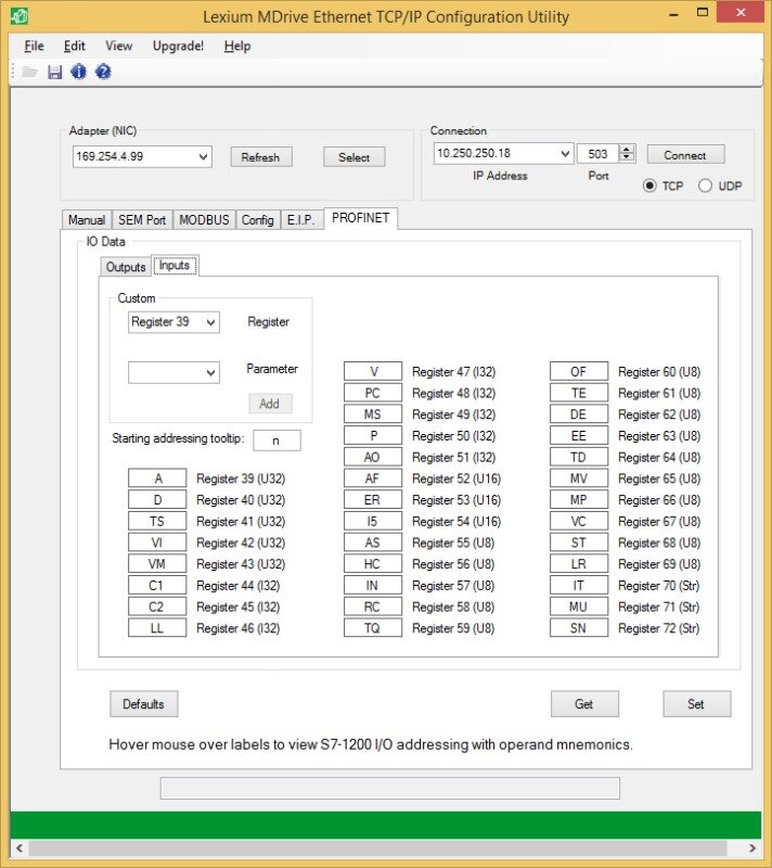 Siemens Profinet screen shows input and output registers