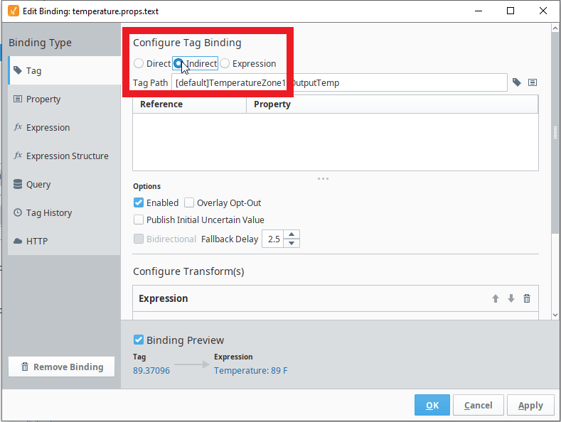 Change the tag binding to an indirect binding