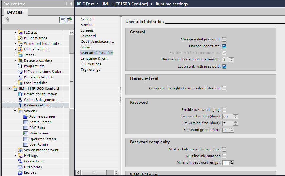 Screen to check logon only with password under User Administration