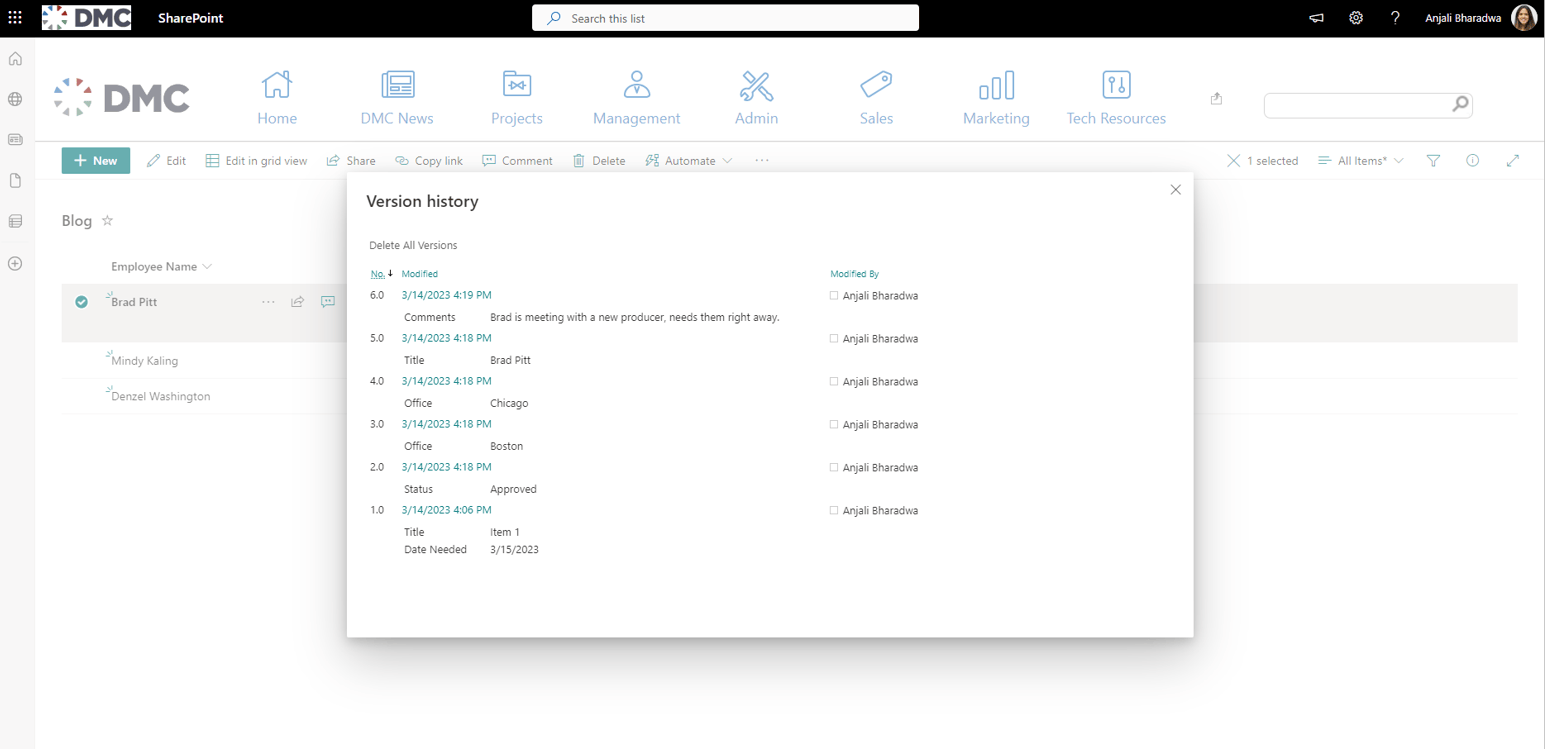 SharePoint Version History