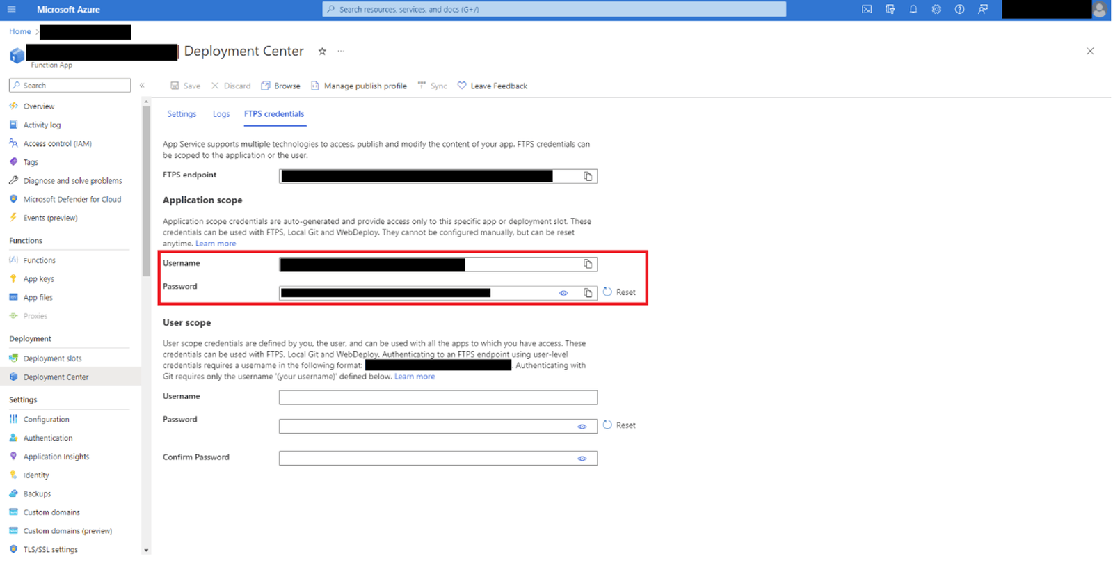 Find credentials in the deployment center of your application