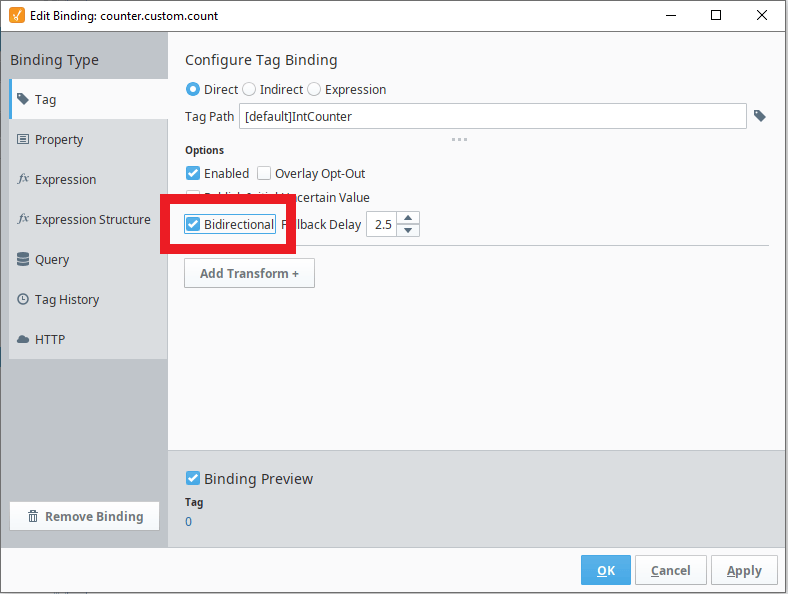 Bind the integer counter tag to a custom button property