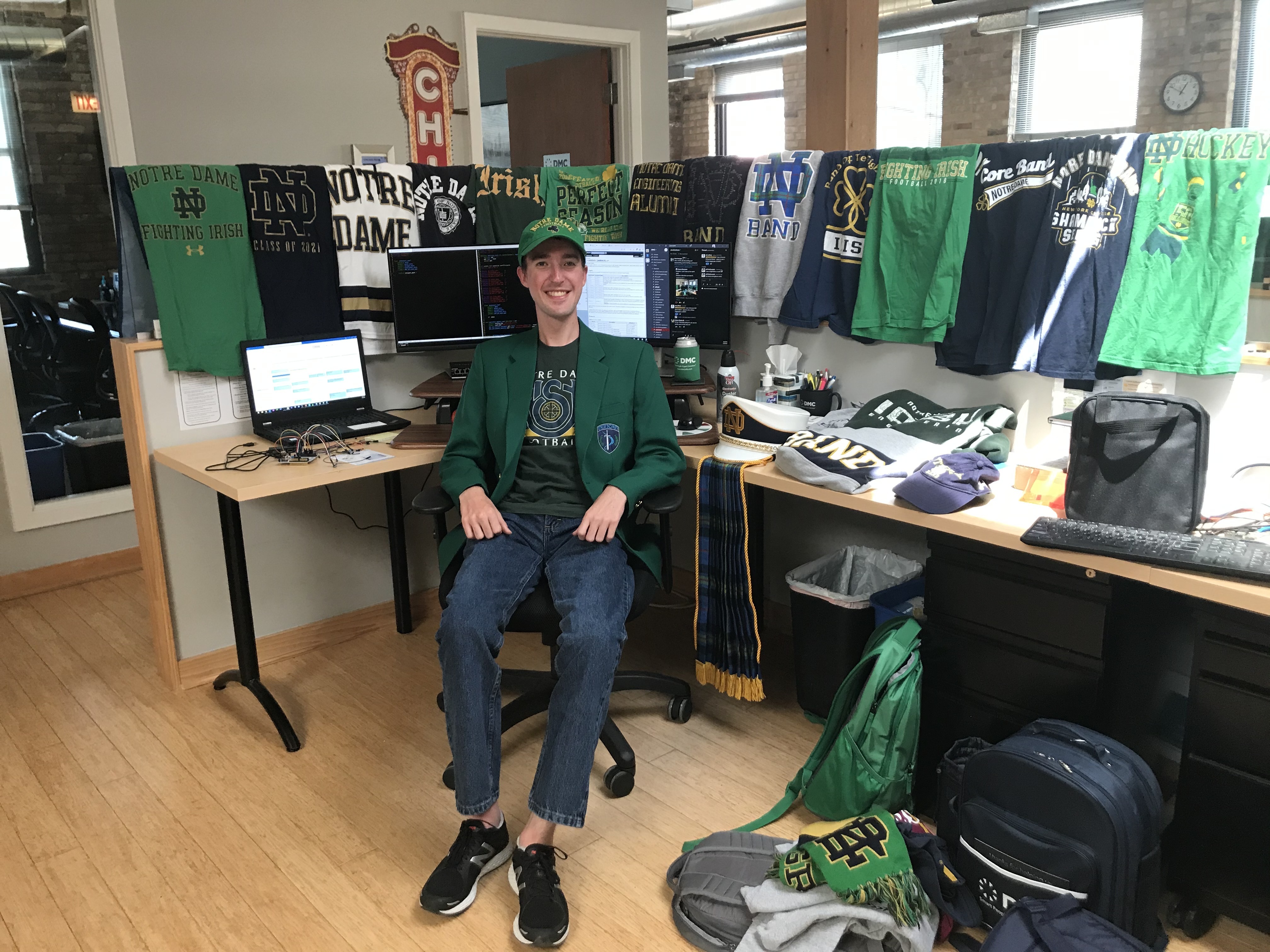 desk filled with Notre Dame gear