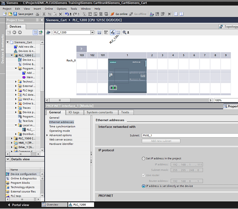 Go to the IP Protocol section in TIA Portal and select "IP address is set directly at the device". This is the last radio button in the IP protocol section.