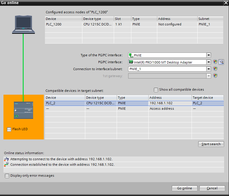 To establish the connection to your PLC in TIA Portal, find the address field under "Compatible devices in target subnet" and add your PLC's IP address.