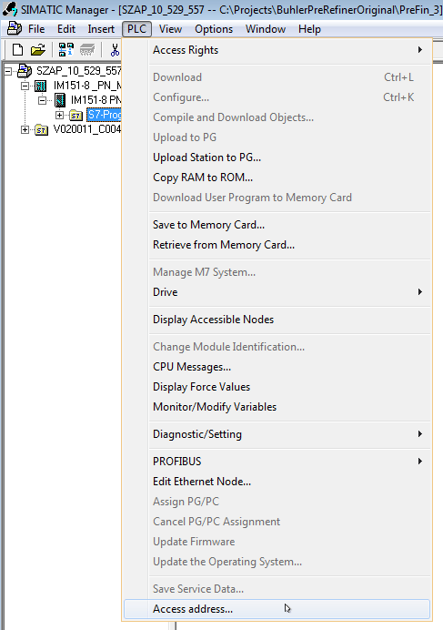 Select PLC in the dropdown list between Insert and View, then click the Access Address option.