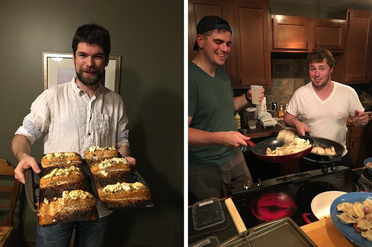 Photo of Adam showing off his ceder plank salmon and a photo of Phil and Texas Ryan flipping parogies. 