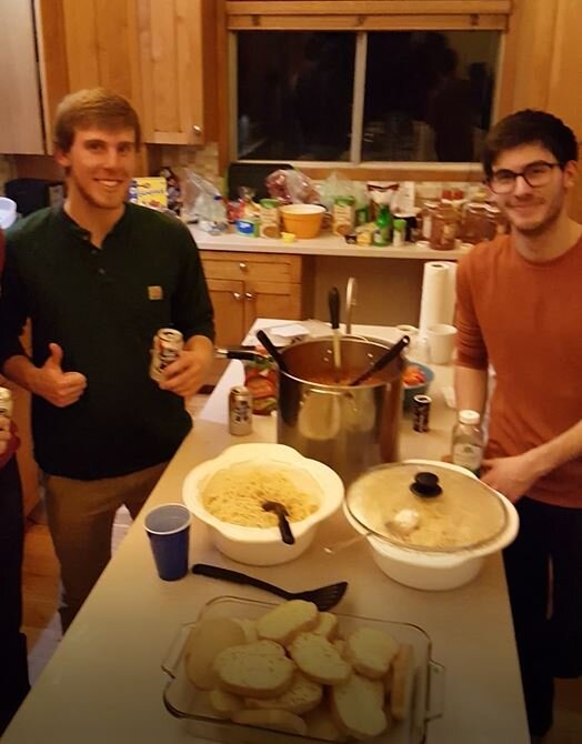 Photo of spaghetti dinner spread. 