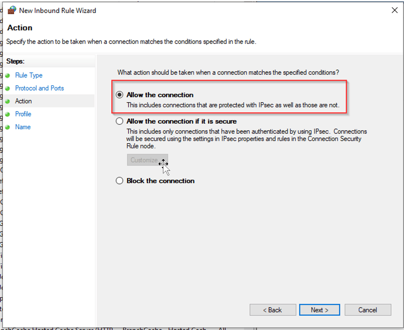 New Inbound Rule Wizard Allow the Connection