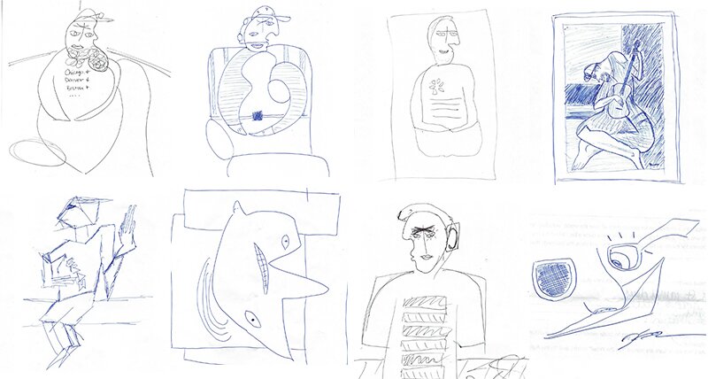 Scanned Picasso style drawings of DMC employees.