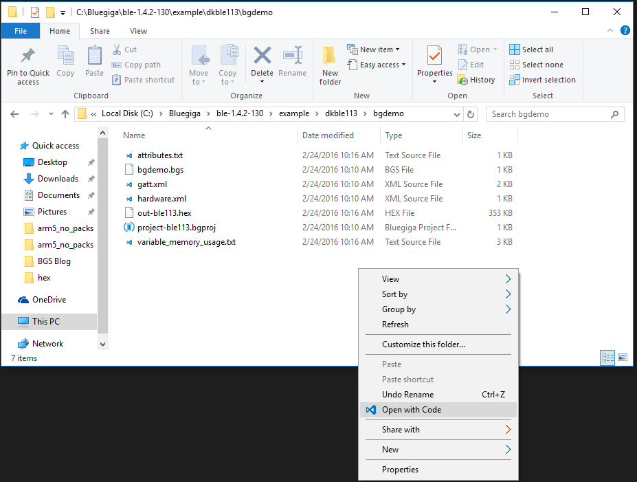 Screenshot of Windows Explorer, Open with Code menu selection