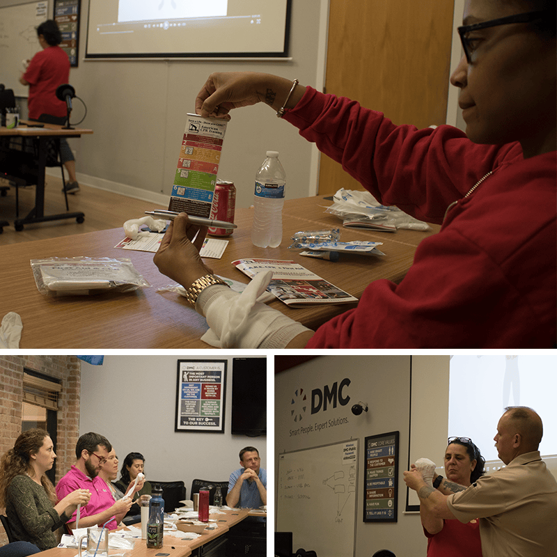 Photos of learning how to bandage people up.