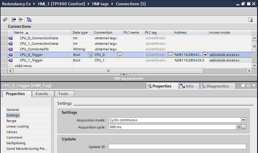 Connection tags to the redundant 500H redundant PLC