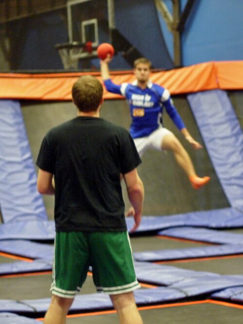 DMC Boston engineer takes a shot at another employee with a basketball.