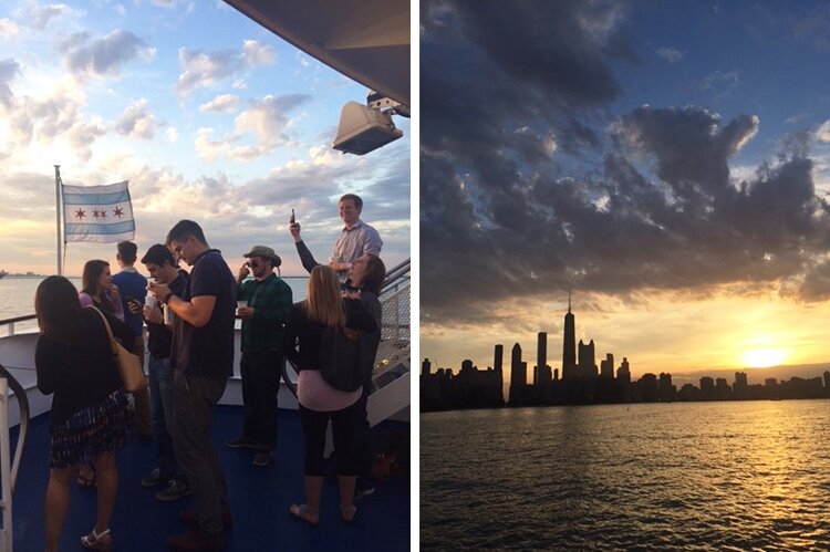 Photo of DMC employees on the Chicago River Architectural Tour and a photo of Chicago from the lake at sunset.