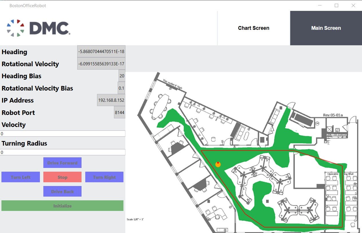 Screenshot of the Boston Rumba UI and route through the office.