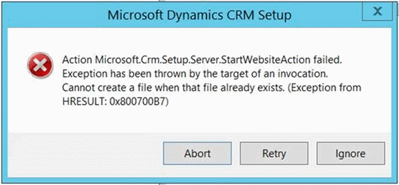 Microsoft.Crm.Setup.Server.StartWebsiteAction failed.