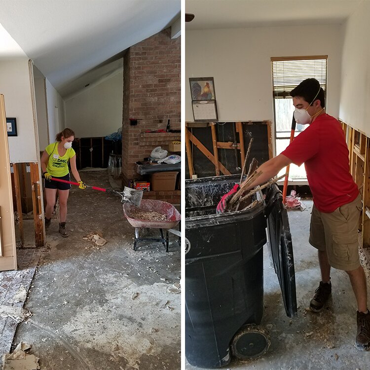 Cecilia and John Michael Frullo clean up after demolition of flood damaged house.