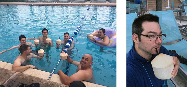 Group photo of DMC attendees in and by the pool drinking out of coconuts.