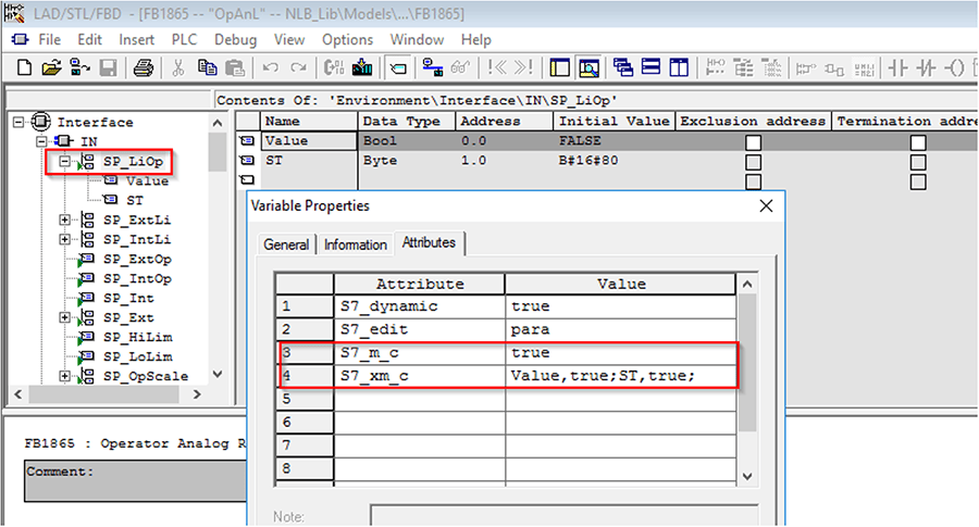 Variable properties window in PCS7