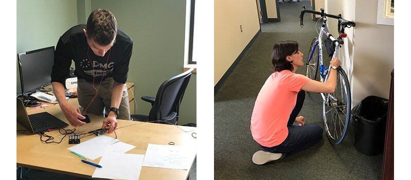 Frank May of DMC Boston Works on his SmartLights project (left), his bike and project partner (right).