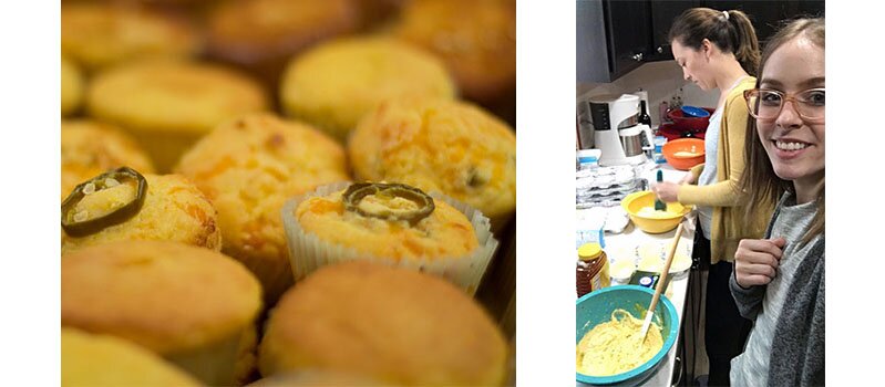 DMC Chicago FedEx Day April 2017 Heather and Molly mix up cornbread muffins, seen finished on the left.