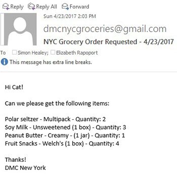 Screenshot of email to Cat in Boston from DMC New York ordering groceries. 