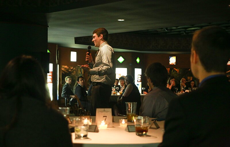 Patrick introducing managers for their speeches at DMC's 2016 Holiday Party at the Lincoln Park Zoo