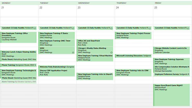 Dan Mitchell's first week at DMC - screenshot of calendar 