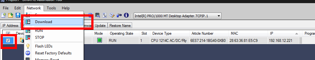 Screenshot of selecting download under the network tab in the SIMATIC Automation Tool. 