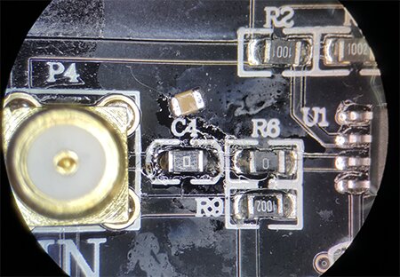 Image of OPA541 with replaced C4 and C5 Ohm resistors to allow for DC current