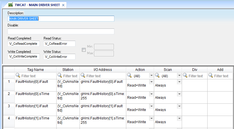 Screenshot of Main Driver Sheet containing tags that exist in the PLC