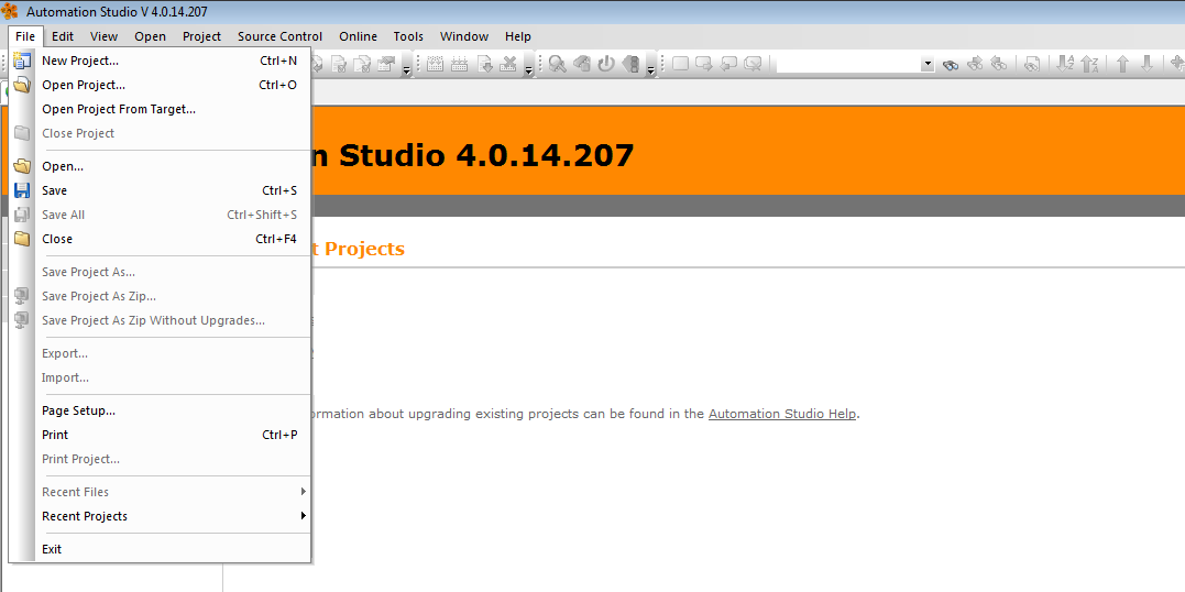 Screenshot of the Automation Studio dropdown file menu